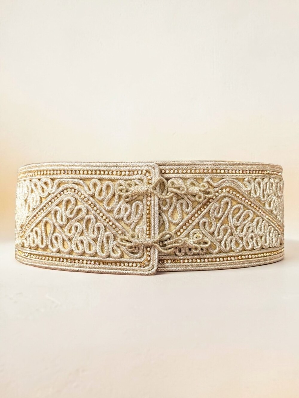 Metallic Gold Embroidered Wide Waist Belt Rhinestone Hook Closure 32" Vintage